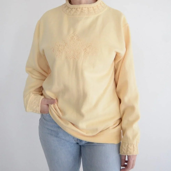 Vintage Hunt Club Yellow w Floral  Design Mockneck Sweater S - Picture 1 of 10
